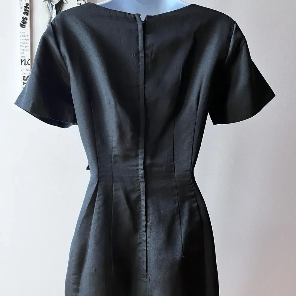 1960s Vintage Petty Hite Black Cocktail Midi Short Sleeve Appliqué Dress - Picture 7 of 13